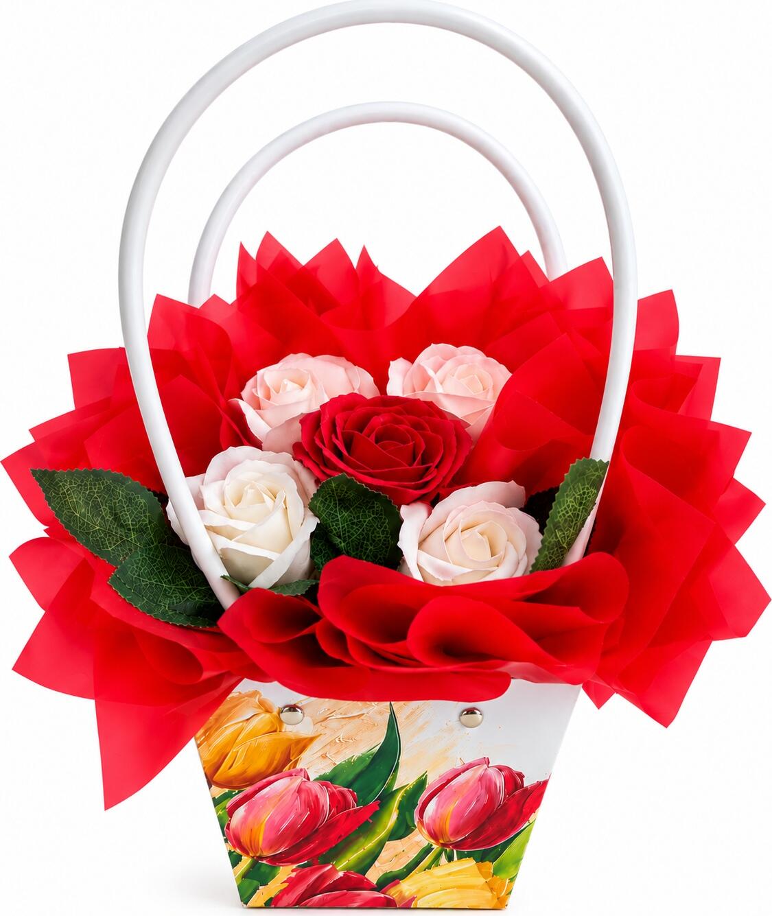 Aranjament de flori de savon INKA, Set de 5 trandafiri de savon rosu si alb-crem in cutie cadou tip geanta cu imprimeu floral si frunze decorative