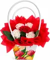 Aranjament de flori de savon INKA, Set de 5 trandafiri de savon rosu si alb-crem in cutie cadou tip geanta cu imprimeu floral si frunze decorative