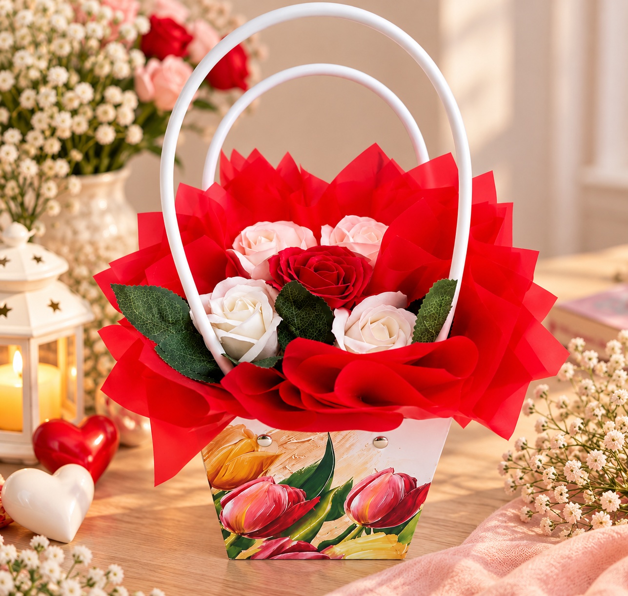 Aranjament de flori de savon INKA, Set de 5 trandafiri de savon rosu si alb-crem in cutie cadou tip geanta cu imprimeu floral si frunze decorative