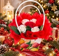 Aranjament de flori de savon INKA, Set de 5 trandafiri de savon rosu si alb-crem in cutie cadou tip geanta cu imprimeu floral si frunze decorative