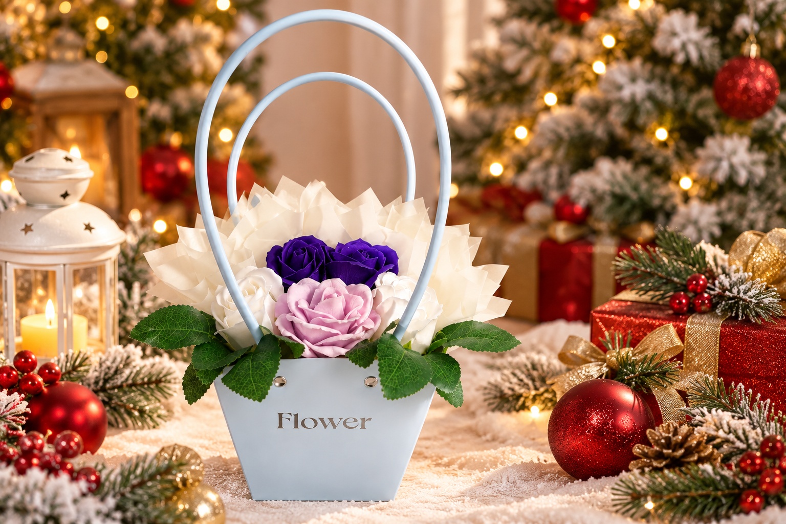 INKA Soap Flower Arrangement Set of 5 Pieces in Light Blue Handbag Gift Box with Artificial Leaves, FLP1001