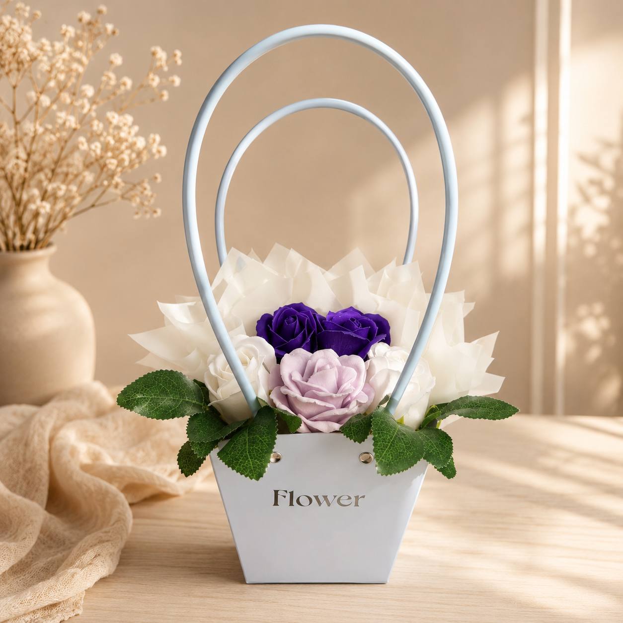INKA Soap Flower Arrangement Set of 5 Pieces in Light Blue Handbag Gift Box with Artificial Leaves, FLP1001