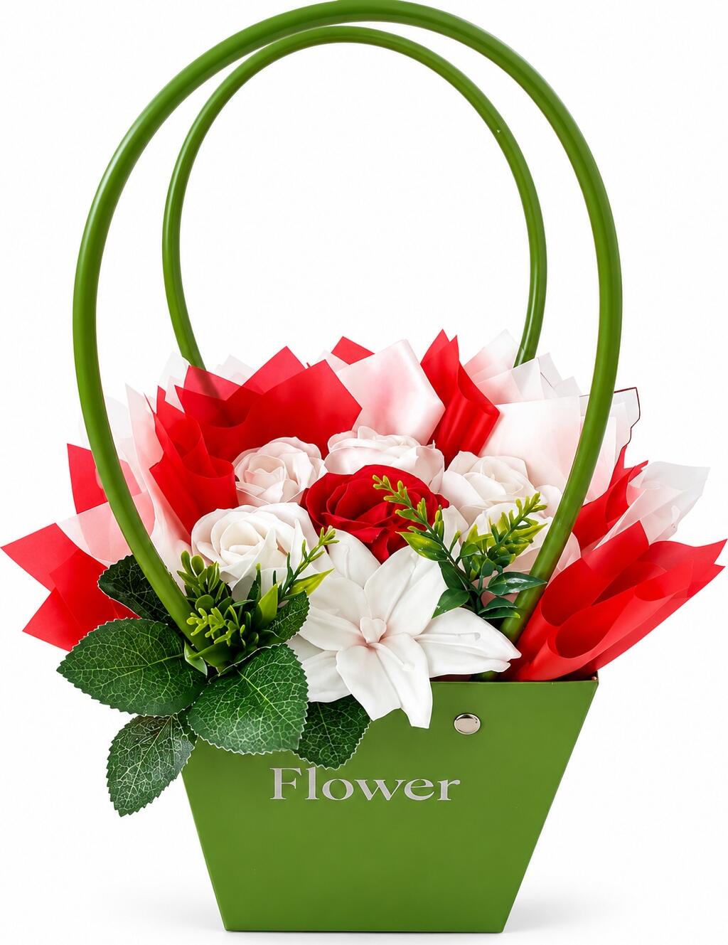 INKA Soap Flower Arrangement Set of 7 Flowers in Green Handbag-style Gift Box for Valentine's Day, Christmas and New Year FLP1009 FLP1008