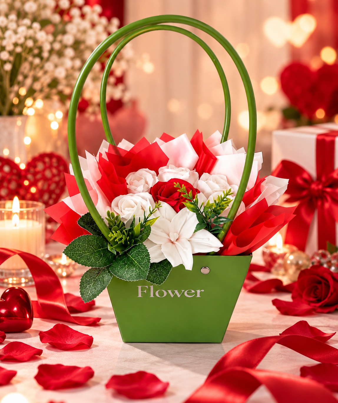 INKA Soap Flower Arrangement Set of 7 Flowers in Green Handbag-style Gift Box for Valentine's Day, Christmas and New Year FLP1009 FLP1008