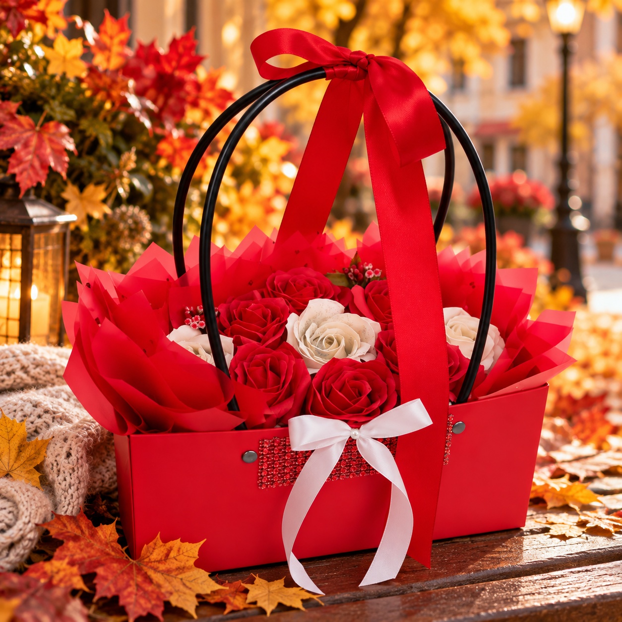 INKA Soap Flower Arrangement Set of 9 Red and White-Cream Roses in Red Handbag Box with Ribbon and Rhinestones