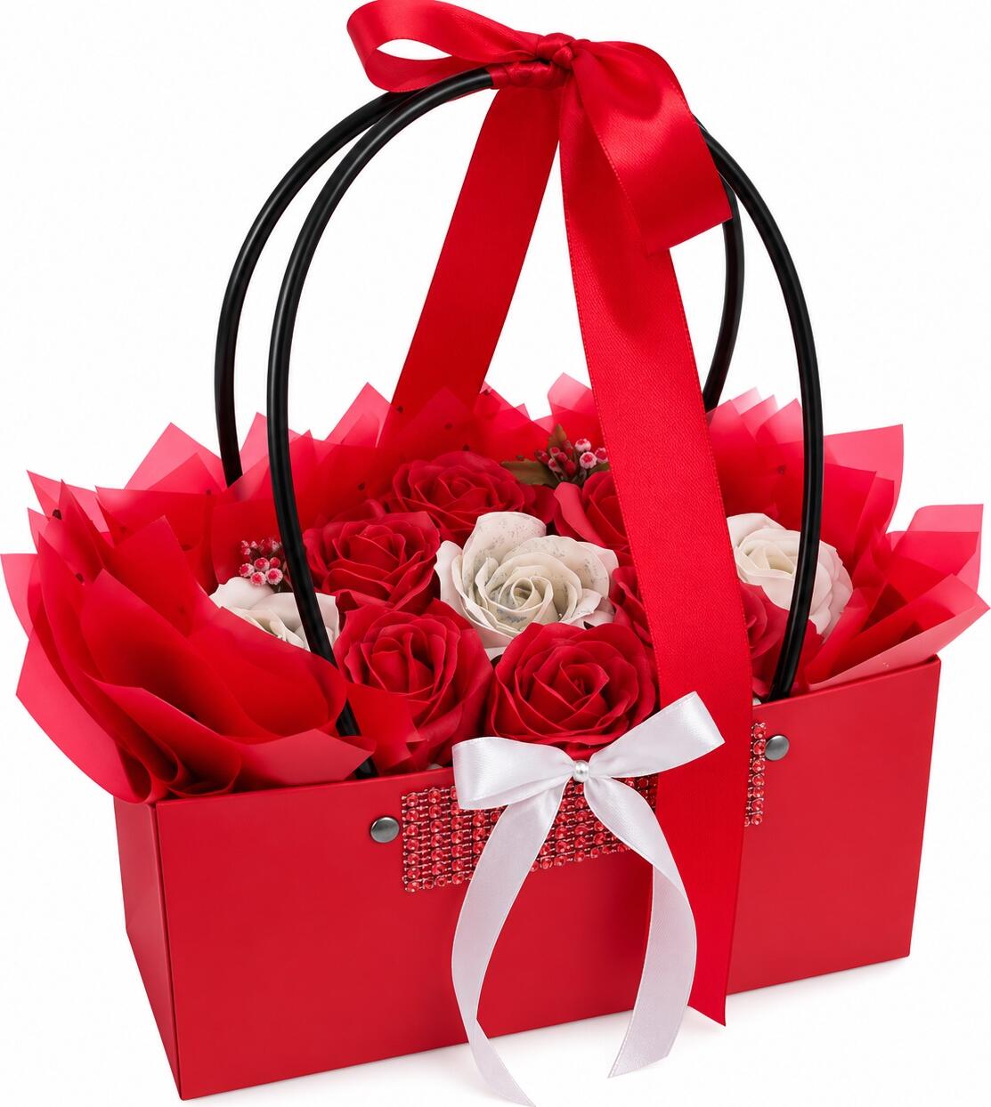 INKA Soap Flower Arrangement Set of 9 Red and White-Cream Roses in Red Handbag Box with Ribbon and Rhinestones