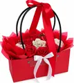 INKA Soap Flower Arrangement Set of 9 Red and White-Cream Roses in Red Handbag Box with Ribbon and Rhinestones