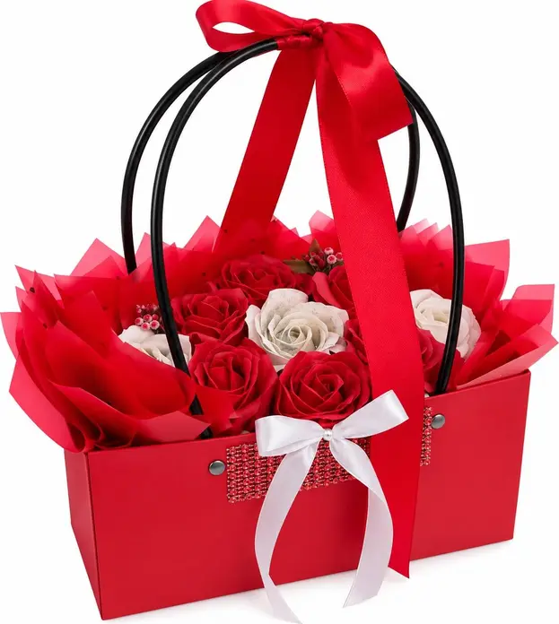 INKA Soap Flower Arrangement Set of 9 Red and White-Cream Roses in Red Handbag Box with Ribbon and Rhinestones