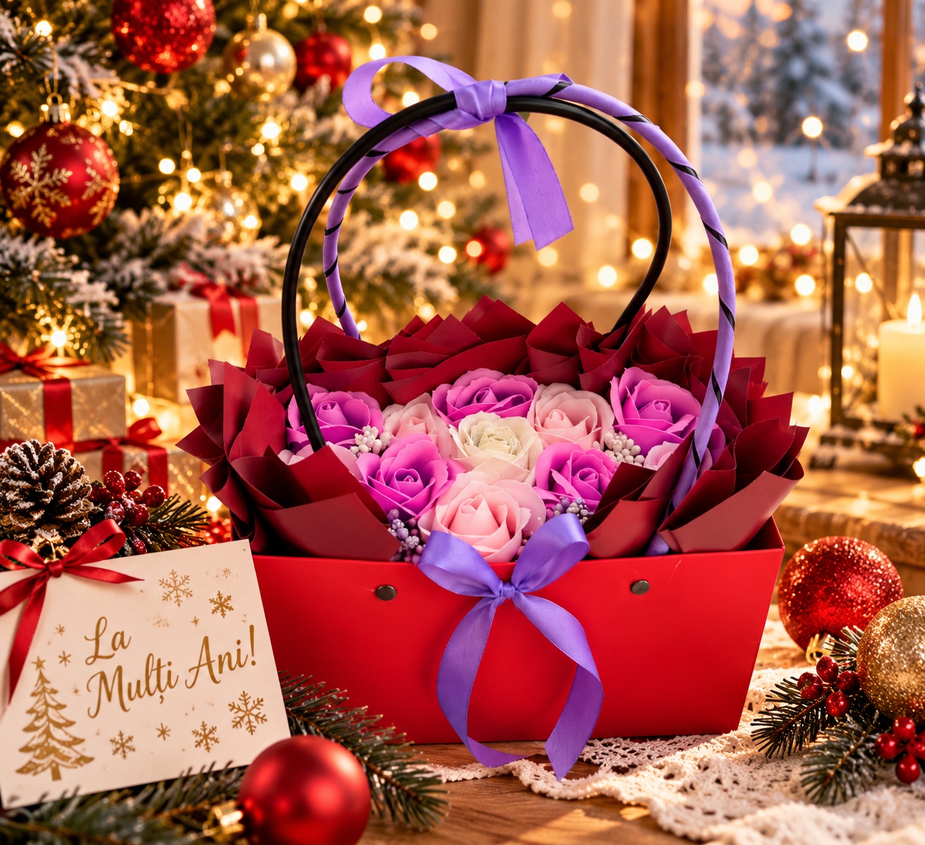 INKA Soap Flower Arrangement Set of 11 Roses in Red Handbag Box with Bordo Wrapping and Purple Ribbon