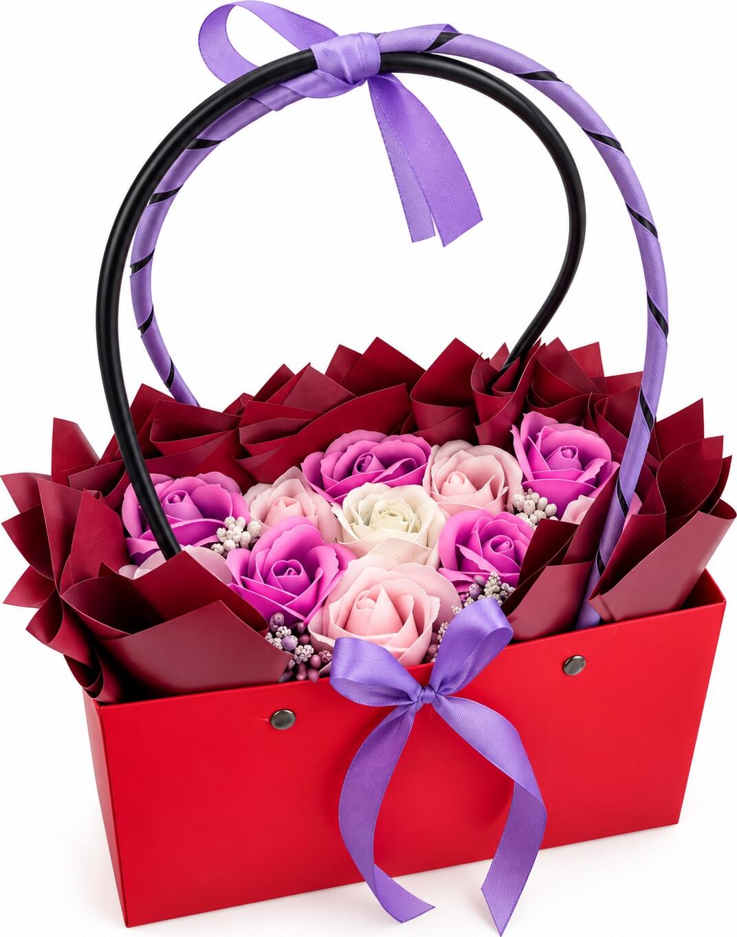 INKA Soap Flower Arrangement Set of 11 Roses in Red Handbag Box with Bordo Wrapping and Purple Ribbon