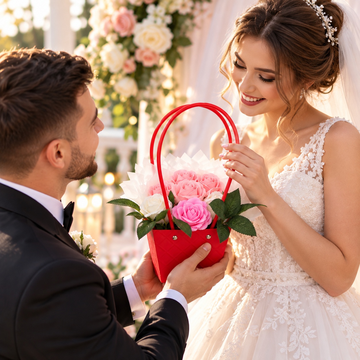 Set de 7 flori de sapun INKA Aranjament Floral in Geanta Roz si Alb cu Cutie Rosie cu Relief si Elemente Metalice pentru Aniversari si Cadouri