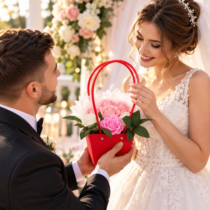 Set de 7 flori de sapun INKA Aranjament Floral in Geanta Roz si Alb cu Cutie Rosie cu Relief si Elemente Metalice pentru Aniversari si Cadouri