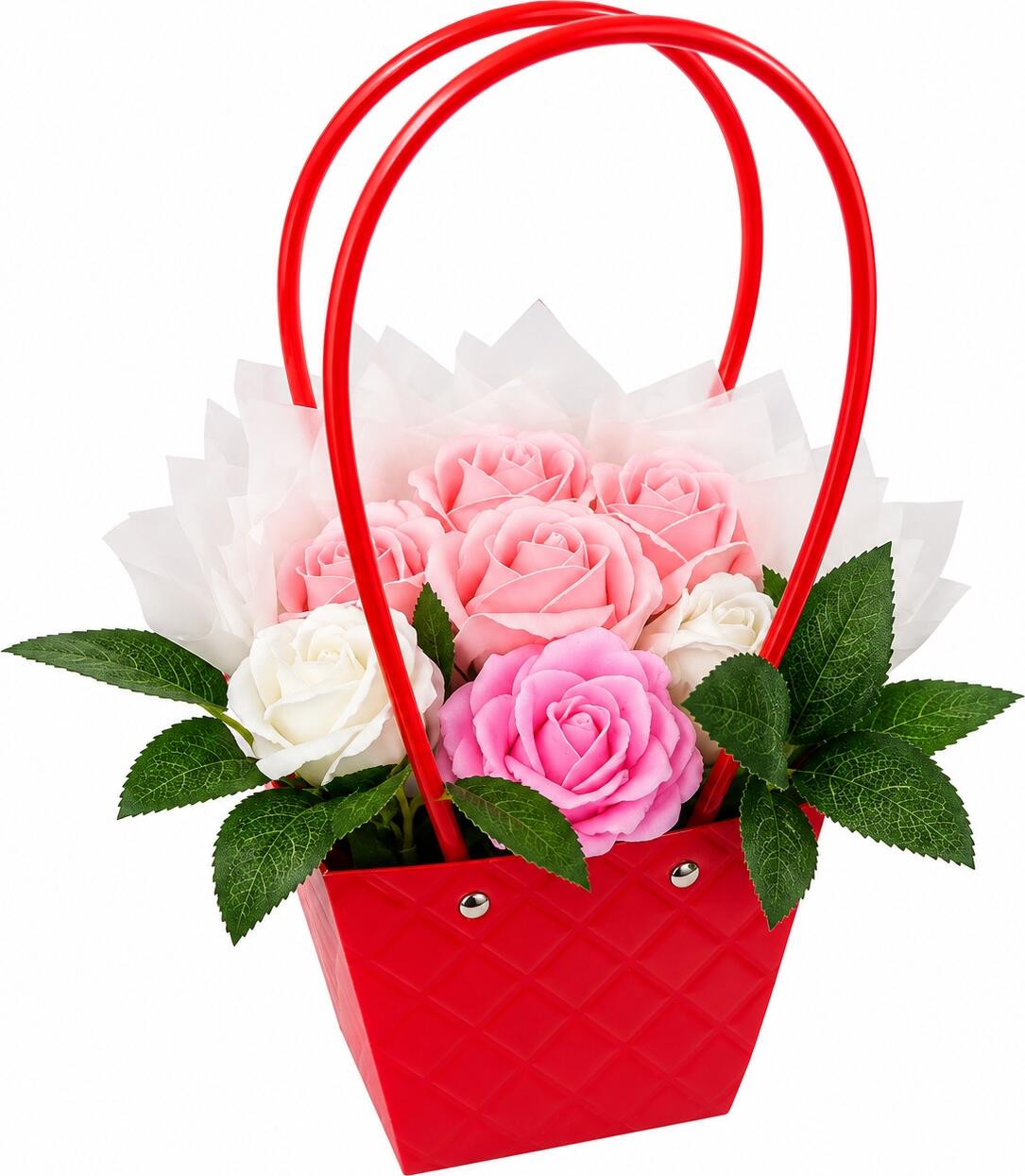 Set de 7 flori de sapun INKA Aranjament Floral in Geanta Roz si Alb cu Cutie Rosie cu Relief si Elemente Metalice pentru Aniversari si Cadouri