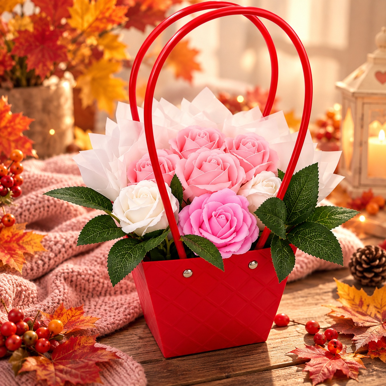 Set de 7 flori de sapun INKA Aranjament Floral in Geanta Roz si Alb cu Cutie Rosie cu Relief si Elemente Metalice pentru Aniversari si Cadouri