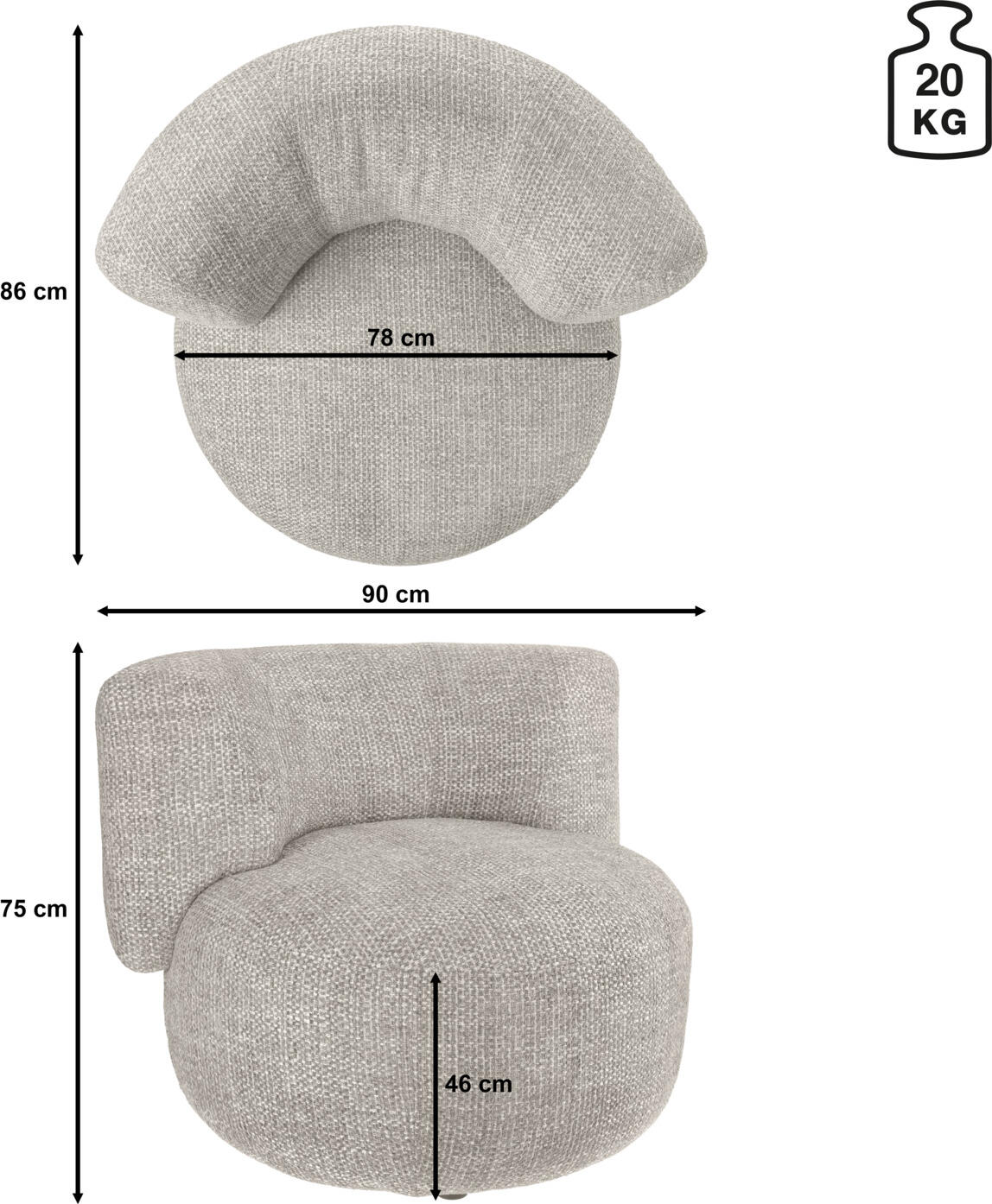 Fotoliu Lounge Vega Tesilo, Forma Organica Curvata, Material Chenille Taupe de Inalta Calitate, Ignifug, 90x86x75 cm, Suporta pana la 160 kg