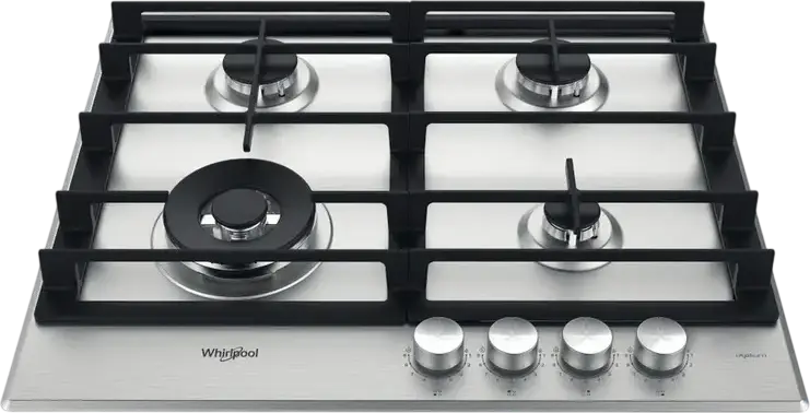 Встраиваемая газовая варочная панель Whirlpool GMWL 628/IXL EE, 4 конфорки с горелкой WOK, сталь iXelium, чугунные решетки, 59 см, система газ-контроль