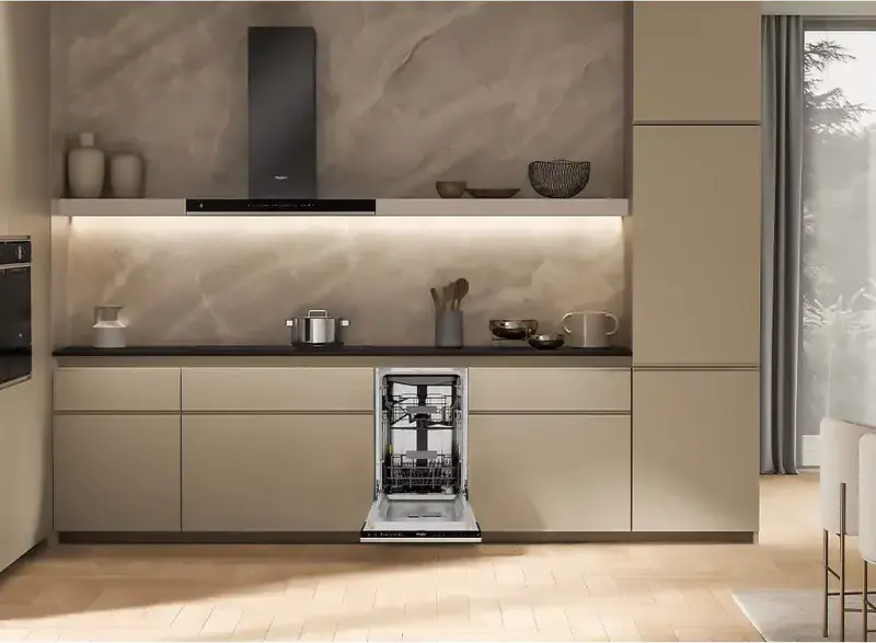 Встраиваемая узкая посудомоечная машина Whirlpool WH4ID10CS60, на 10 комплектов, класс A+++, 9 программ, PowerClean, TimeBeam, серая, ширина 44.8 см