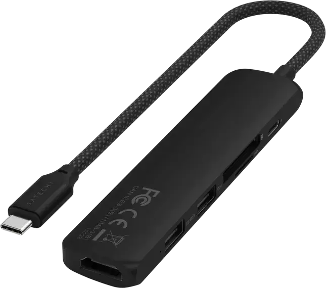 Satechi Slim Multiport Adapter 4-in-1 USB-C, алюминиевый корпус, HDMI 4K, слот для SD-карт, USB-A 3.0 и 2.0, плетеный кабель, черный