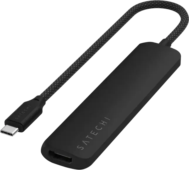 Satechi Slim Multiport Adapter 4-in-1 USB-C, алюминиевый корпус, HDMI 4K, слот для SD-карт, USB-A 3.0 и 2.0, плетеный кабель, черный