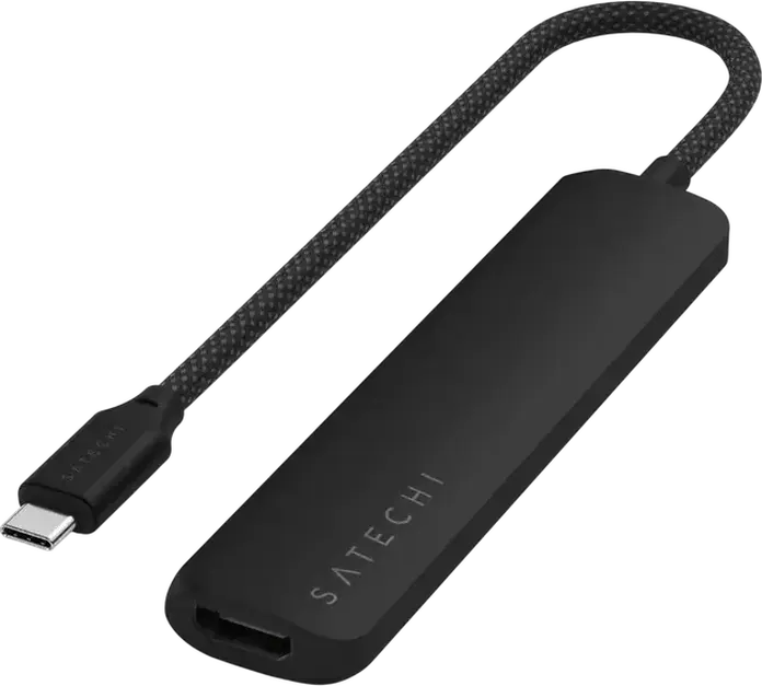 Satechi Slim Multiport Adapter 4-in-1 USB-C, алюминиевый корпус, HDMI 4K, слот для SD-карт, USB-A 3.0 и 2.0, плетеный кабель, черный