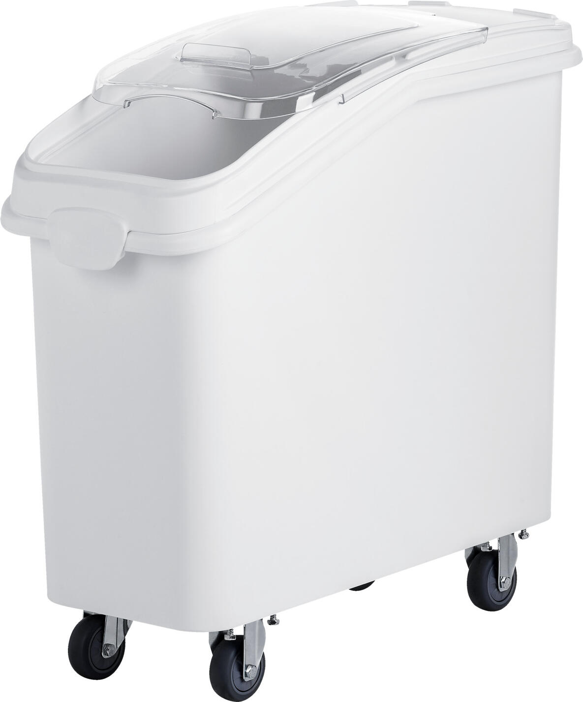 PULSIVA Big Size Storage Container 81L, White Polypropylene with Transparent Sliding Cover, Polycarbonate Scoop, 4 Castors, Food-Safe Bulk Bin