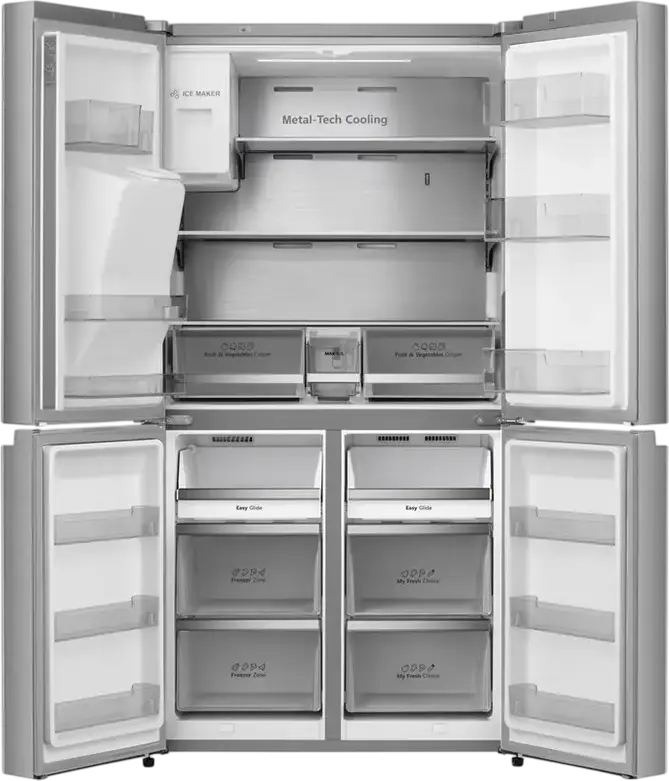Холодильник Hisense RQ760N4SASE Side-by-Side Cross Door, Общий полезный объем 584 л, Total No Frost, Диспенсер для воды и льда, Нержавеющая сталь, 91.4x178.5x72.5 см
