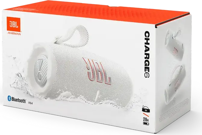 Boxă Portabilă JBL Charge 6 Bluetooth 5.4, Putere 45W RMS, Rezistență la Apă IP67, Baterie 28 Ore, Sistem Acustic pe 2 Căi, USB-C, Alb