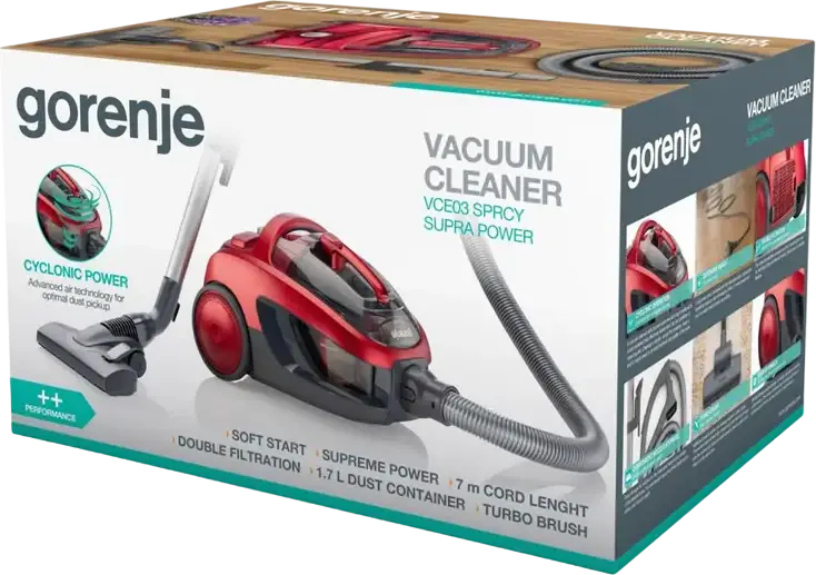 Gorenje VCE03SPRCY Bagless Cyclonic Vacuum Cleaner, 800W, 1.7L Dust Container, HEPA Filter, Telescopic Aluminum Pipe, Red/Black