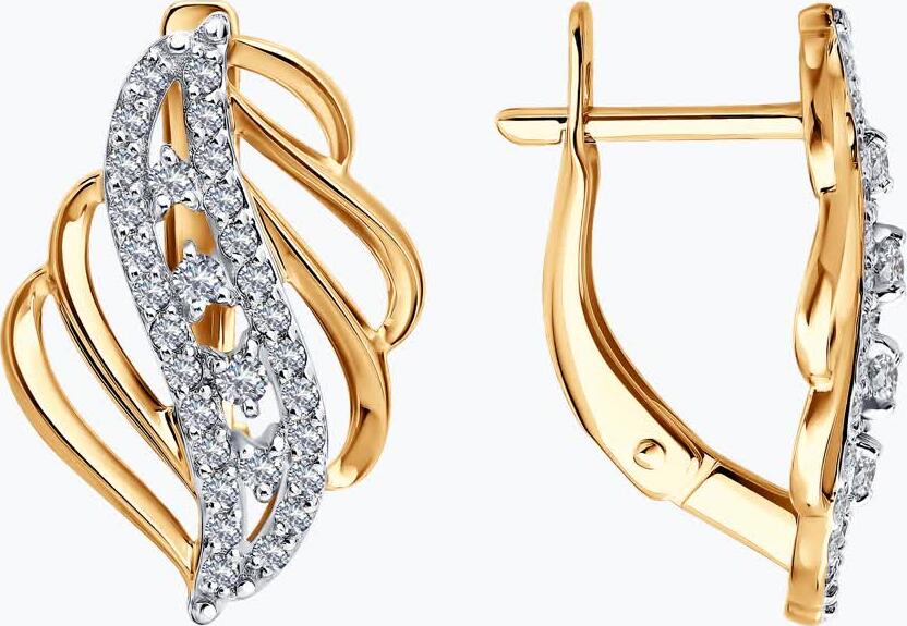 Diamant 51-120-01025-1 Women's Earrings, 585 Red Gold, 52 Round Colorless Cubic Zirconia 1mm, English Lock, Wave Design, 3.05g