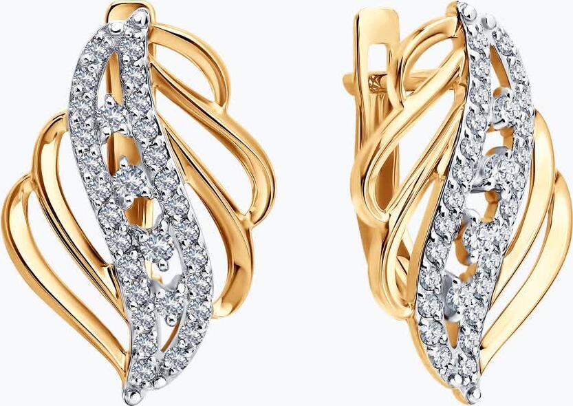 Diamant 51-120-01025-1 Women's Earrings, 585 Red Gold, 52 Round Colorless Cubic Zirconia 1mm, English Lock, Wave Design, 3.05g