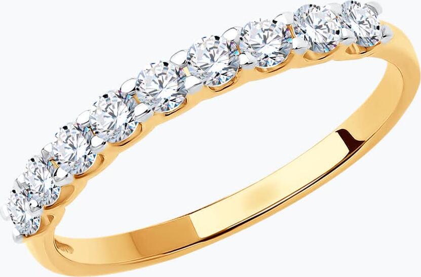 Кольцо женское Diamant 31-110-03049-1, размер 18.5, красное золото 375 пробы (9K), 9 круглых бесцветных вставок фианит 2 мм, ширина 2 мм