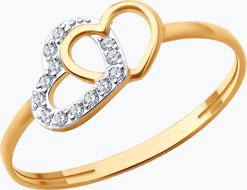 Кольцо женское Diamant 31-110-03113-1, красное золото 375 пробы, мотив переплетенных сердец с 13 круглыми фианитами, ширина 2 мм, размер 17