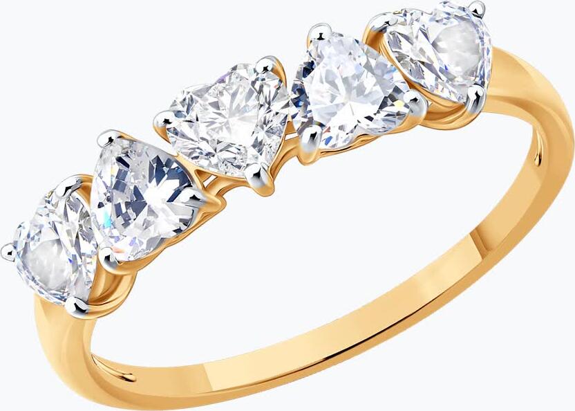SOKOLOV Ring 019851, 585 Red Gold, Size 18.5, 5 Heart-Shaped Colorless Cubic Zirconia Stones, 2.043 Carats, Women's Jewelry, Spring-Summer 2026 Collection