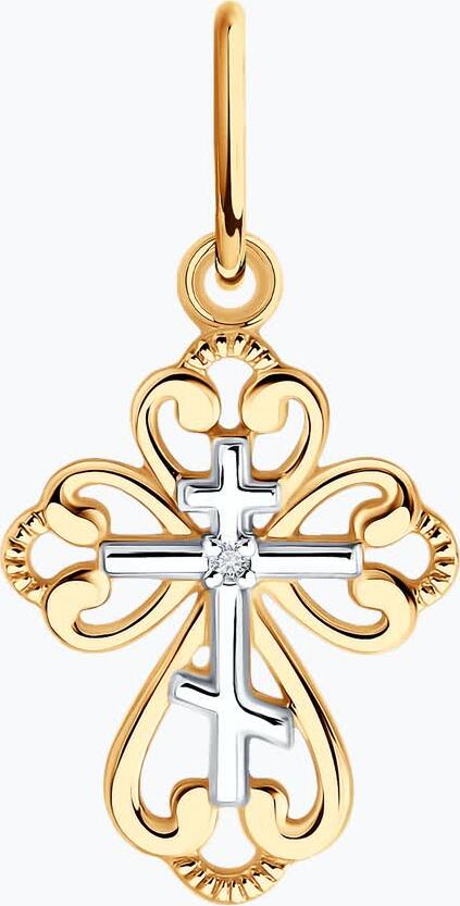 SOKOLOV 371120112 Diamond Cross Pendant, 375 Red Gold, Two-Tone Design, 20x10x1 mm, 0.47g, for Women and Children