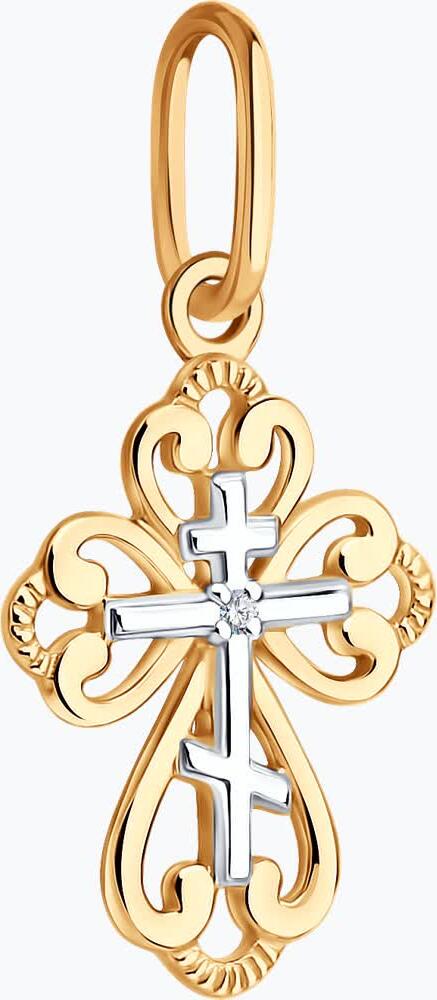 SOKOLOV 371120112 Diamond Cross Pendant, 375 Red Gold, Two-Tone Design, 20x10x1 mm, 0.47g, for Women and Children