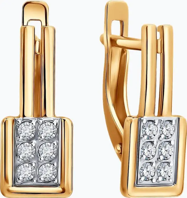 Diamant 51-120-02661-1 Серьги женские из красного золота 585 с 12 вставками фианитов круглых бесцветных, английский замок, 17x6x1 мм