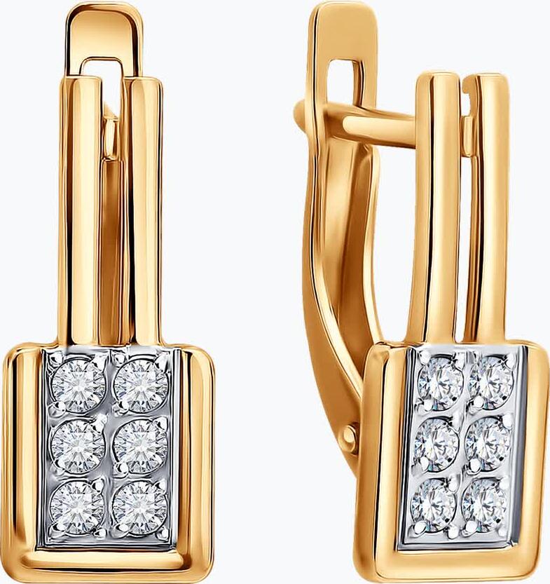 Diamant 51-120-02661-1 Серьги женские из красного золота 585 с 12 вставками фианитов круглых бесцветных, английский замок, 17x6x1 мм