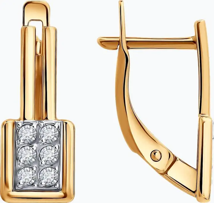Diamant 51-120-02661-1 Серьги женские из красного золота 585 с 12 вставками фианитов круглых бесцветных, английский замок, 17x6x1 мм