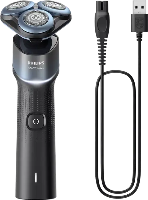 Philips X5006/00 Seria 5000X Aparat de Ras Electric Rotativ, Capete Flexibile 360, Uscat si Umed, Baterie Li-Ion, Tehnologie Skin Protect, Negru/Albastru