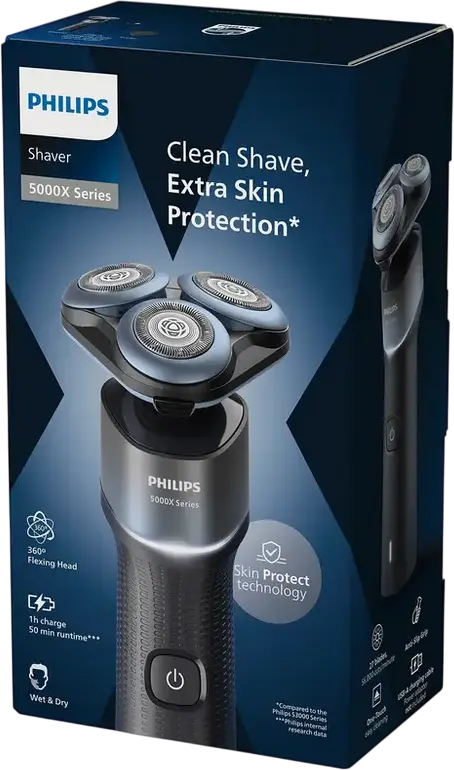 Philips X5006/00 Seria 5000X Aparat de Ras Electric Rotativ, Capete Flexibile 360, Uscat si Umed, Baterie Li-Ion, Tehnologie Skin Protect, Negru/Albastru