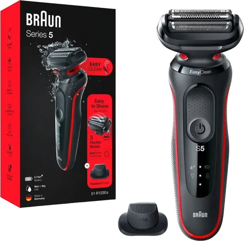 Aparat de ras electric Braun Series 5 51-R1200s cu sita, Umed si Uscat, Tehnologie AutoSense, Baterie Li-Ion, 3 Capete Flexibile, EasyClean