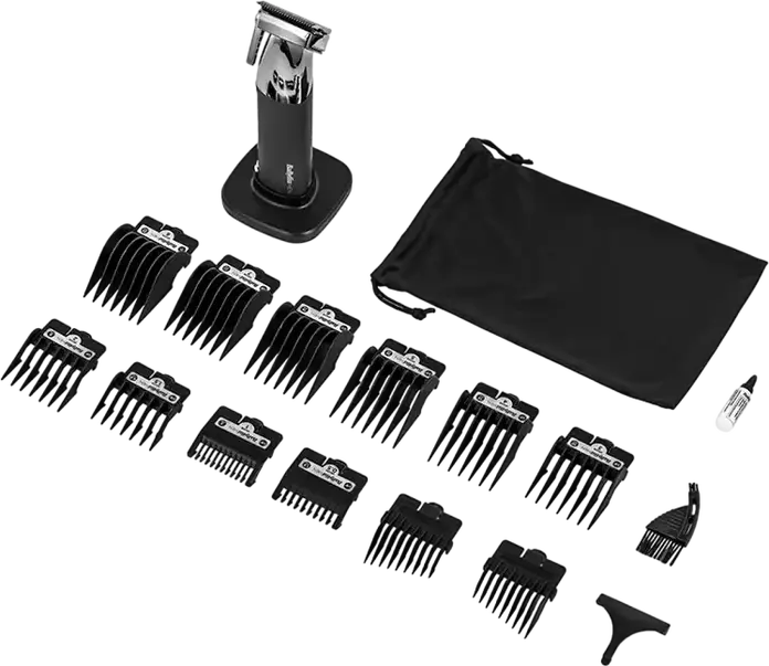 Tondeuse de par cordless BaByliss E996E Super-X Metal Series, lame din otel inoxidabil, 0.8-25mm, 55 setari lungime, baterie Li-Ion, set de 18 piese