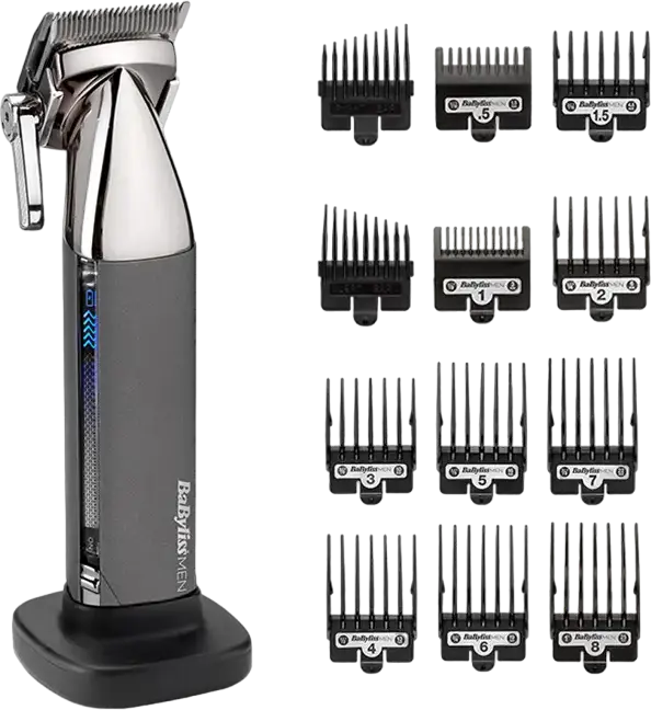 Tondeuse de par cordless BaByliss E996E Super-X Metal Series, lame din otel inoxidabil, 0.8-25mm, 55 setari lungime, baterie Li-Ion, set de 18 piese