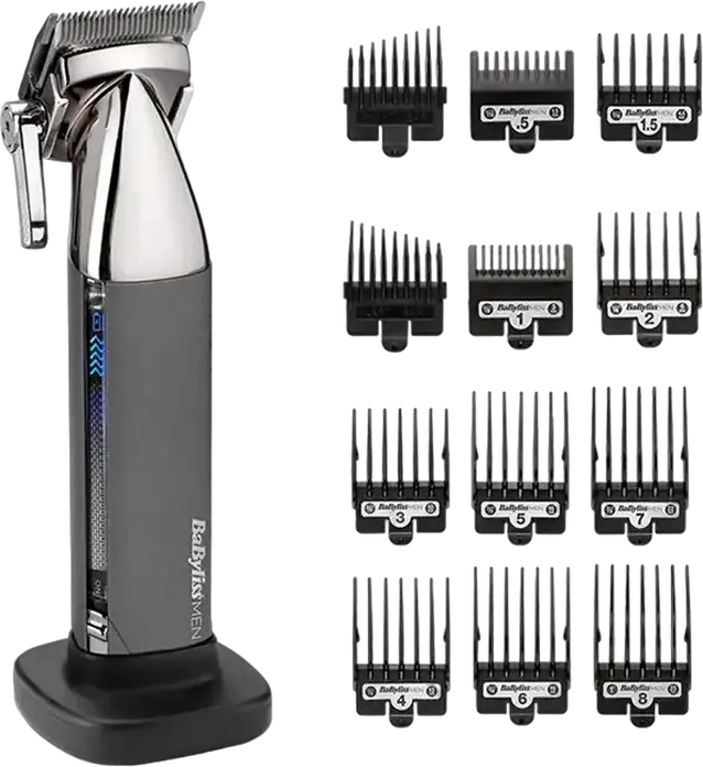 Tondeuse de par cordless BaByliss E996E Super-X Metal Series, lame din otel inoxidabil, 0.8-25mm, 55 setari lungime, baterie Li-Ion, set de 18 piese