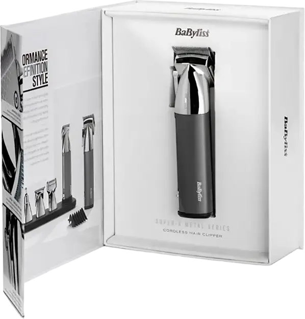 Tondeuse de par cordless BaByliss E996E Super-X Metal Series, lame din otel inoxidabil, 0.8-25mm, 55 setari lungime, baterie Li-Ion, set de 18 piese