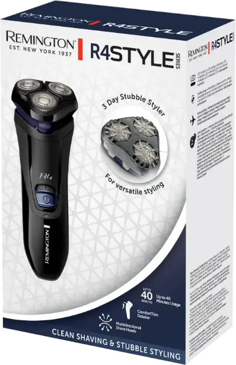 Aparat de ras electric rotativ Remington R4002 R4 Style Series, 3 capete de ras, lame Dual Track, trimmer pop-up, garda de stilizare de 3 zile, Negru