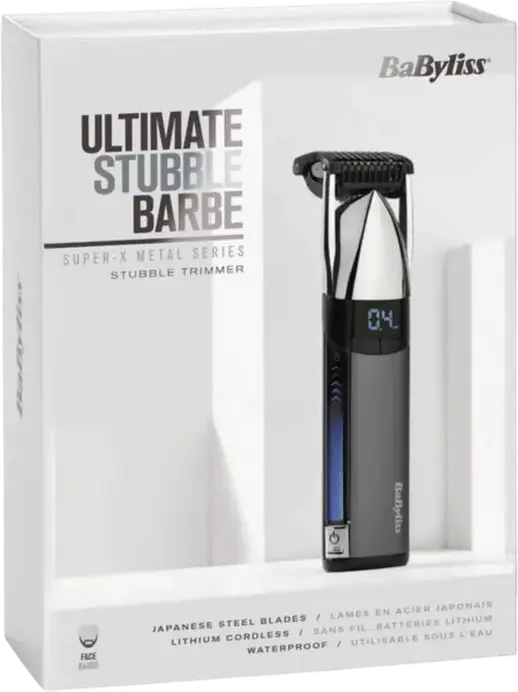 BaByliss S996E Super-X Metal Stubble Trimmer for Beard and Mustache, 0.4-5mm Cutting Length, 24 Settings, Li-ion Battery, Waterproof, Grey, with Case