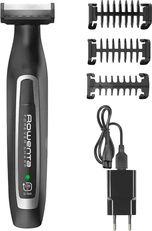 Rowenta Forever Sharp TN6000F5 3-in-1 Hybrid Beard and Mustache Trimmer, Self-Sharpening Stainless Steel Blades, 3 Comb Attachments, Wet & Dry, Black and Silver