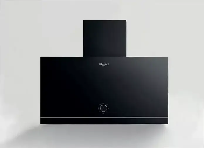 Whirlpool WHVA 62F LM K Angled Chimney Hood, Wall-mounted, 59.8 cm, Black, 485 m3/h Extraction, 3 Speed Levels, LED Lighting, Metal and Glass