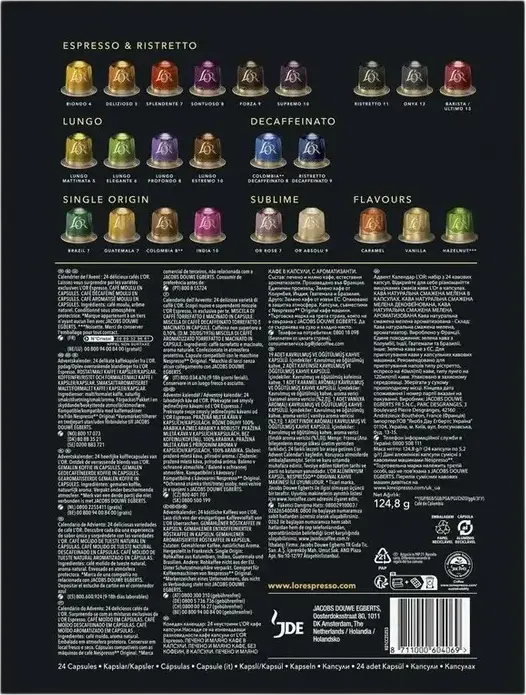 Calendar Advent L'OR Espresso, Set de 24 capsule de cafea pentru aparate Nespresso Original, 124.8g, Sortiment Espresso, Lungo, Decaf si Arome